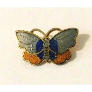 Butterfly Enamel Lapel Pin Brooch Blue Orange Silver Wings Gold Tone